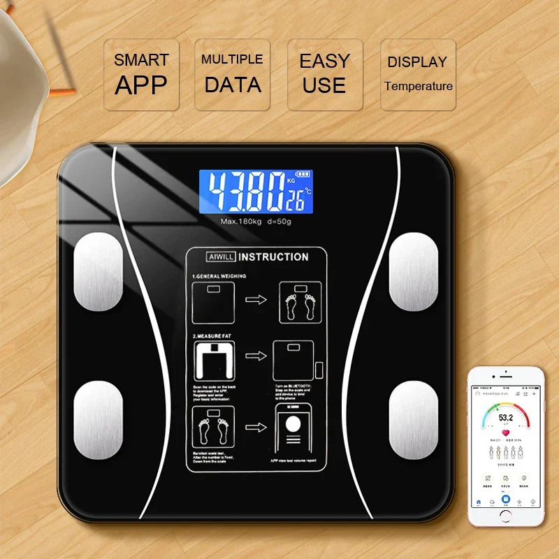 Smarte Bluetooth-Waage zur Messung des Körperfettanteils, schwarz