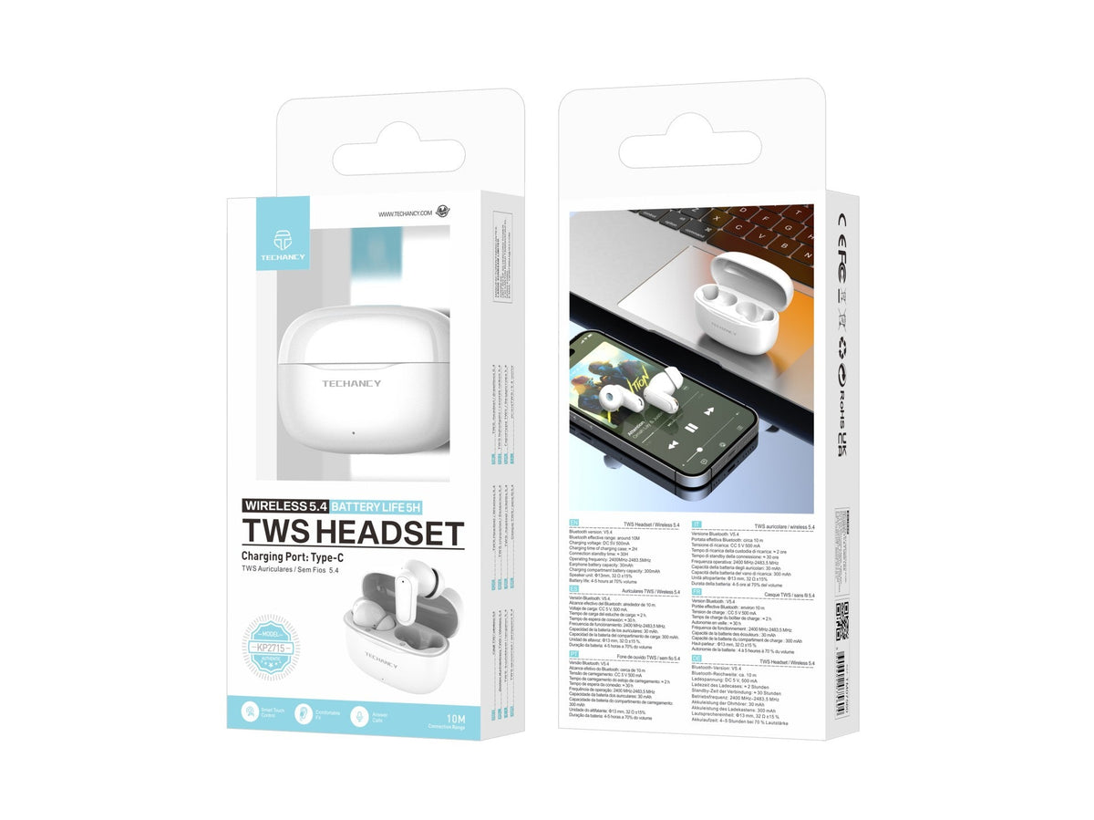 White Techancy TWS KP2715 Bluetooth 5.4 earbuds with HD microphone